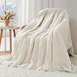 Cottonblue Jacquard Weighted Blanket for Adults 15 lbs Twin Size, Soft Fluffy Sherpa Fleece Weighted Throw Blankets 60' x 80' for Sleep Relax, Fuzzy Warm Arch Heavy Blanket for Bed Couch, Cream White