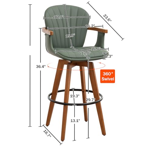 Image of LUNLING 30 inch Bar Height Stools Set of 3.Mid Century Modern Bar Stools,Green PU Leather Kitchen Island Stools,Wood High Barstools Swivel with Back and Arms for Home Bar Furniture