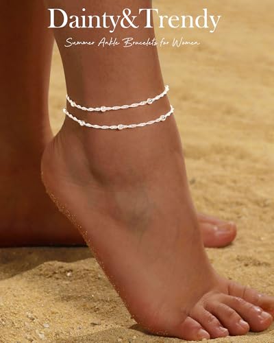 Image of FUNEIA Gold Silver Ankle Bracelets for Women Waterproof 14K Gold Plated Anklets for Women Non Tarnish Dainty Layered Beaded Heart Anklet Set Summer Beach Foot Chain Jewelry Gifts Trendy Stuff