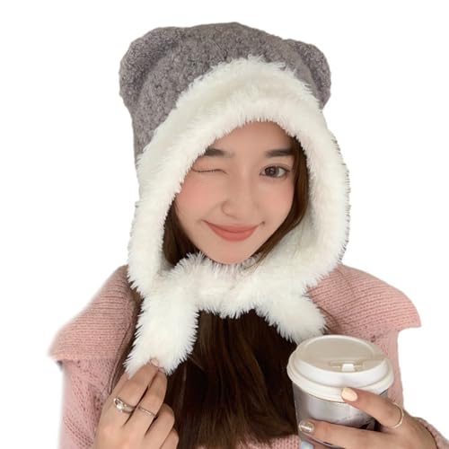 GRABAGECAN Oversized Bear Hat Skiing Photo Props New Year Thick Winter Hat Adults Kids Furry Bear Ears Photo Props Gray