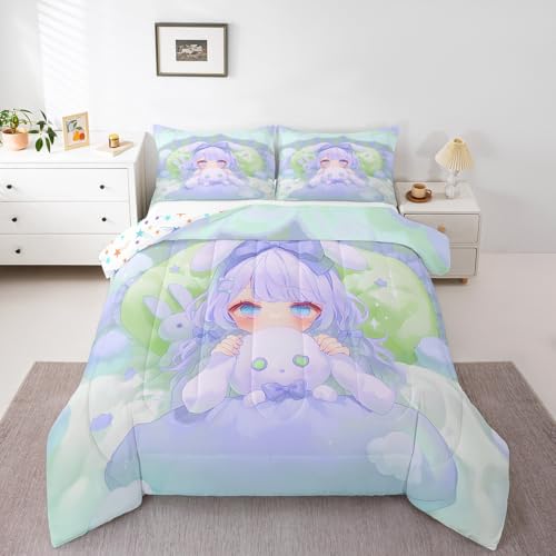 Feelyou Kids Cute Cartoon Girls Bedding Set Full Size Princess Decor Comforter Set for Teens Toddler Lovely Bunny Duvet Set Green Blue Quilt Set 3Pcs