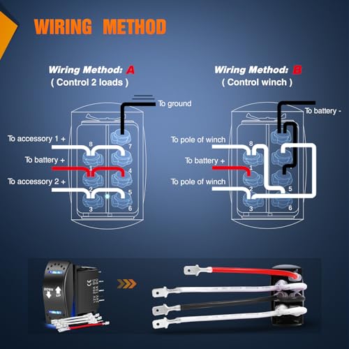 Image of Nilight Polarity Reverse Switch 20A 12V 7 Pin Momentary ON-Off-ON Rocker | DPDT blue LED toggle includes jumpers and adapter wires for linear actuators, hoists, and cranes