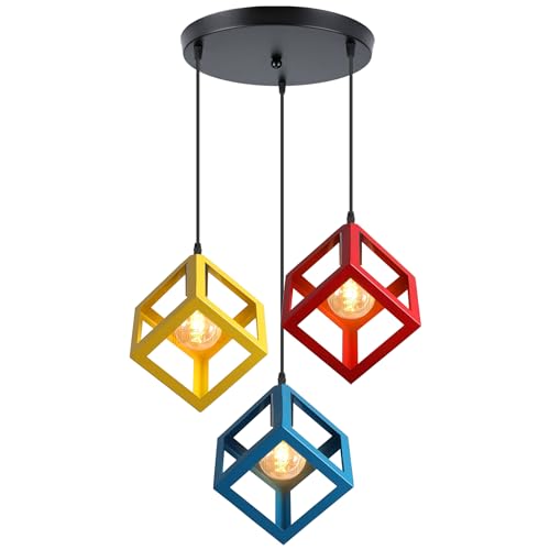 iDEGU 3 Lampes Suspension Luminaire Vintage Style Geometrique Moderne Lustre Plafonnier Abat-jour en Forme de Cube Métal Industriel Lampe Éclairage de...