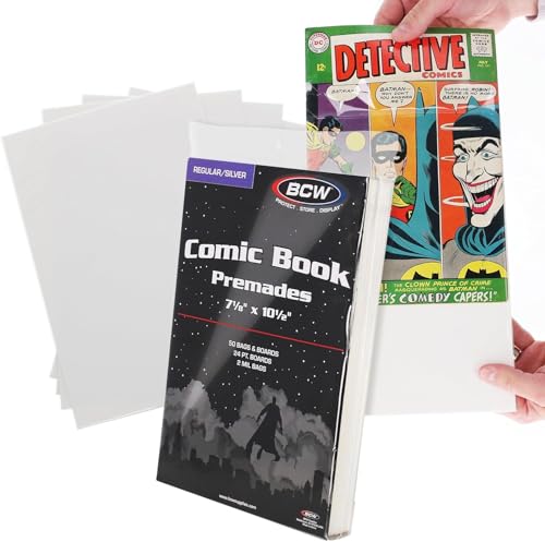 Image of BCW Premium Silver Age Comic Premade Bags with Backer Boards | 7 ⅛ inch x 10 inch | Pre-Loaded & Archival Comic Sleeves and Boards | Crystal Clear Storage for Collectors (Non-Resealable) (100 Pack)