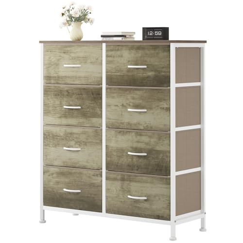 Image of OLIXIS 8 Drawer Storage Dresser for Bedroom, Closet Organizers Units | Fabric Dresser with Wooden Top, Chest of Drawers Clothes Storage, Tower Cabinet, TV Stand Furniture, Oak Greige