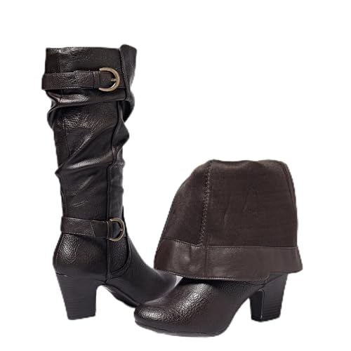 Ruiee Women's Knee High Boots, Wide Calf Chunky Block Low Heel and Slouchy Pointed Toe Winter Long Boots for Women.