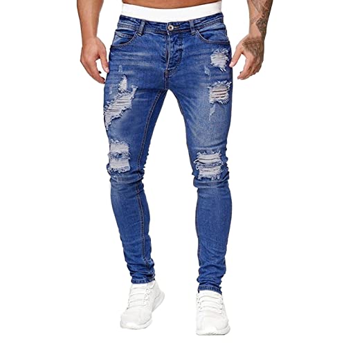 Mens Skinny Jeans Stretch Distressed Ripped Stylish Hiphop Denim Jogger Pants Tapered Leg Casual Solid Slim Pencil Jeans