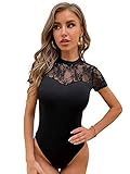 SOLY HUX Damen Elegant Body Spitzenärmeln Bodysuit Schmal Oberteil Spitzen-Bodys Overall T-Shirts Blusen Schwarz L