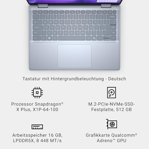Dell Inspiron 14 Plus 7441 Laptop - 14 Inch QHD+ (2560 x 1600) 16:10 Touch Display, Snapdragon X Plus, Adreno 740 Graphics, 16GB RAM, 512GB SSD, Windows 11 Home, QWERTZ Illuminated Keyboard, Ice Blue