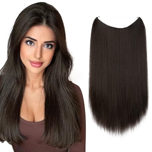 Image of SARLA 22 inch Synthetic Straight Halo Hair Extension Natural Invisible Wire Flip Hairpieces No Clip No Glue No Tape Size Can Be Adjusted M02(4# Brown Black)