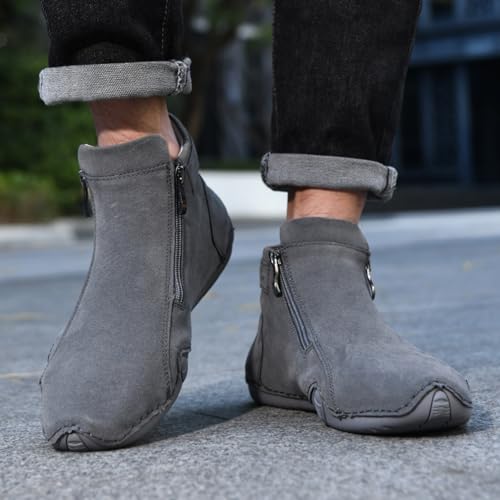 Image of Mens Mid-Top Leather Chukka Ankle Boots with Side Zipper Casual Comfortable Round Toe Non-Slip Flats Loafers for Walking Outdoor Hiking