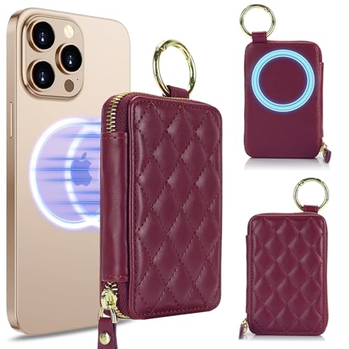Image of Compatible with MagSafe Wallet,Magnetic Phone Wallet Card Holder for iPhone 17 /16 Pro Max /15 Pro /14 Plus /13 /12 Series,PU Leather Zipper Pocket Adjustable Stand-Rose red