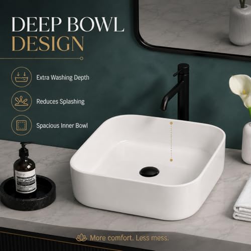 Image of QUALITO White Table Top Wash Basin for Bathroom, Living Room, Hall, Dinning Room | Countertop /Over Counter Ceramic Vessel Sink /Basin | Glossy Finish Table Top Wash Basin (White, 16x16x5 Inch)