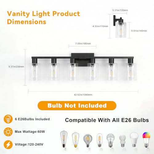 6-Light Bathroom Vanity Light Black ,Vanity Lights Rust Proof Moisture-proof Easy to Cleanwith Clear Glass Shades Large Black Bathroom Light Fixture for Bathroom for Mirror Bathroom Wall Light by Epihanight - Used condition - Image 2