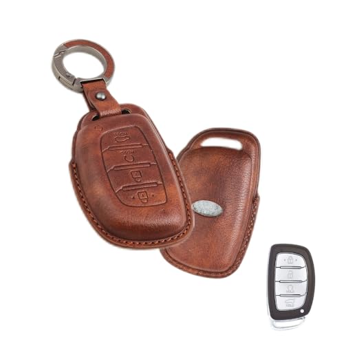 Image of Keyzone Vintage Leather Key Cover Compatible for Hyundai Alcazar, Creta EV, Creta 2021 Onwards 4 Button smart Key. (VL-Brown)