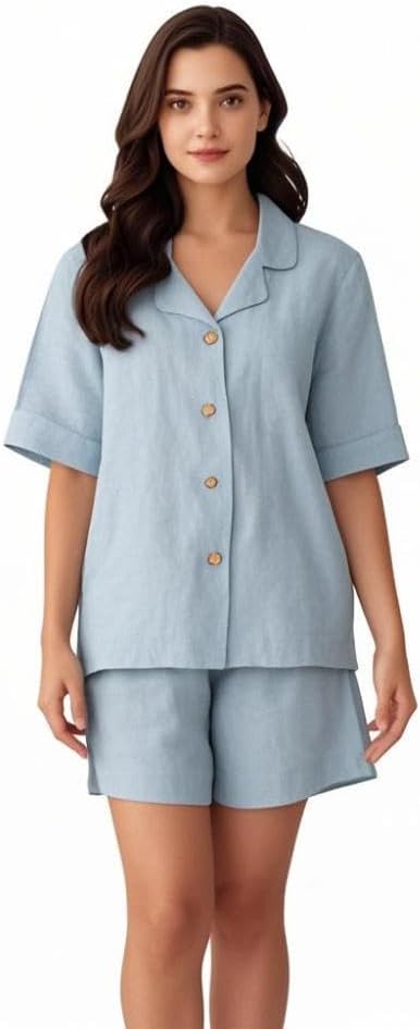 Simple&Opulence Women's 100% Linen Pajama Set Soft Shirt and Pants 2 Pieces Loungewear Slim Fit Soft and Breathable S-L