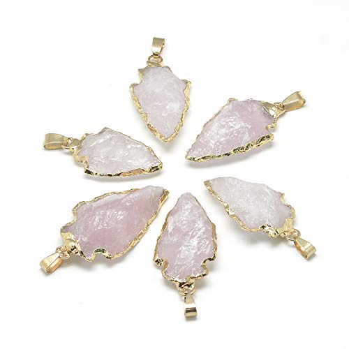 Beadthoven 5pcs Natural Rose Quartz Arrowhead Gemstone Pendants Chakra Crystal Healing Rough Semi Precious Gems Dangle Charms for DIY Necklace Earrings Jewelry Making Accessories