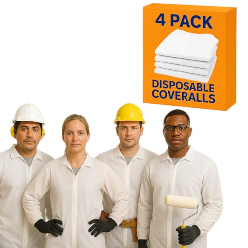 Disposable Coveralls 4-Pack - Lightweight & Breathable Paint Suit - Ideal as Poison Ivy Protective Clothing, Crawl Space, Cleaning Suit, Lightweight Coveralls