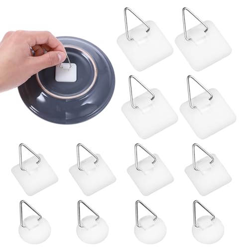 Image of Grevosea 12 Pcs Wall Plate Hangers, Adhesive Picture Hangers Frame Hangers Without Nails Picture Hanging Hooks Plate Holders for Displaying Decorative Plates and Wall Art (Round, Square)
