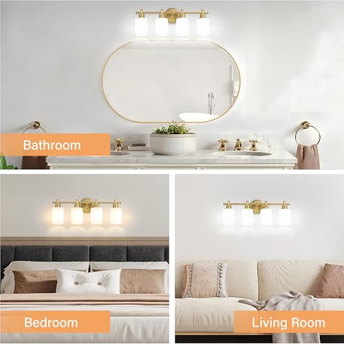 Image of 4-Light Bathroom Vanity Light, Brushed Gold Vanity Lights for Bathroom, Modern Brushed Gold Wall Sconce with White Glass Shades, Anti-Rust Light Fixtures over Mirror (Bulbs Not Included, E26 Base)