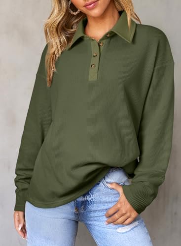 Shewin Women'S Polo Shirts Long Sleeve Tops Casual V Neck Collared Shirt Waffle Knit Sweatshirt Lightweight Fall Clothes For Women 2024,Moss Green S thumb #1