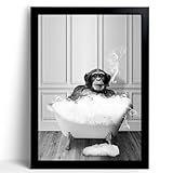 Monkey in Tub - Black and White Animals Wall Art - Framed Canvas Wall Art, Black Framed Picture for Bathroom Wall Decor, Chic Animal Art for Kid Room Wall