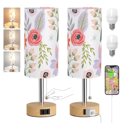 Image of Flower Bedside Table Lamps Set of 2 - Bedroom Lamp for Desk, AC Outlet