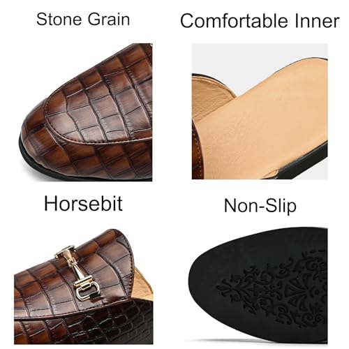 Mens Retro Stone Grain Leather Slip-On Backless Mule Horsebit Smoking Slippers Round Toe Non-Slip for Business Casual Dress Prom Party2