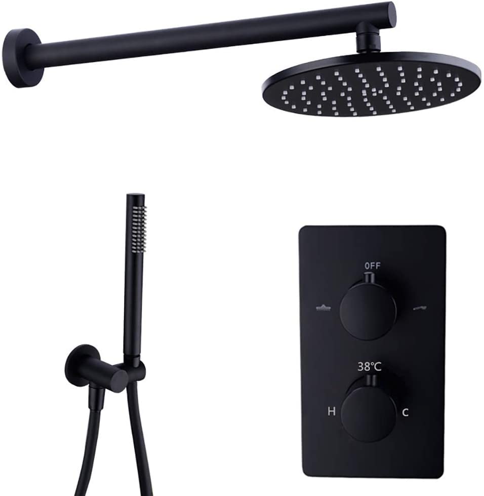 Système de douche ensemble thermostatique mural laiton noir avec pommeau pluie et douche main