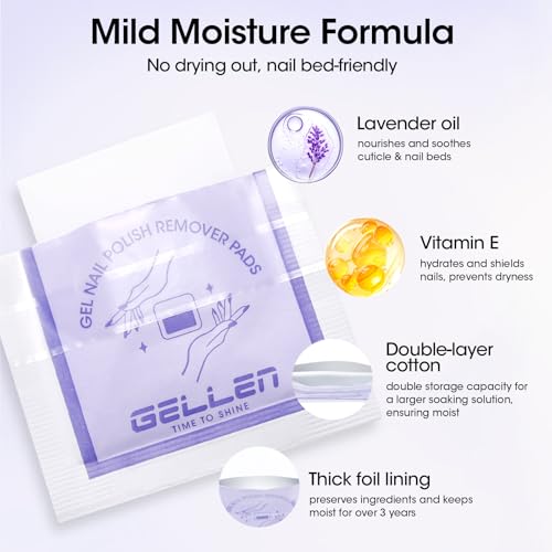 Image of GELLEN Nail Polish Remover Pads, Non-Acetone, 100 PCS Individually Wrapped | 3-5s Removal for Regular Nail Polishes, 10 mins for Gel Nail Polish, Rich in Lavender Oil, No Drying Out for Home Salon