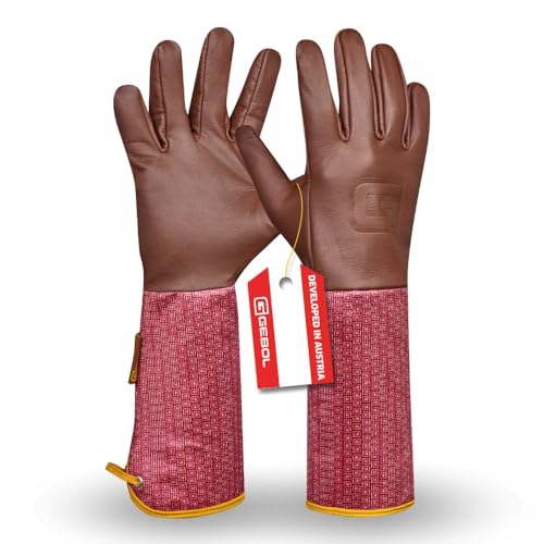 Gebol Damascena, 1 Paar Rosenhandschuhe, Echtleder mit Dornenschutz-Stulpe, robuster Gartenhandschuh, weiches Ziegenleder für maximale Bewegungsfreiheit, für Damen, Gr. M/8, Braun/Rosa