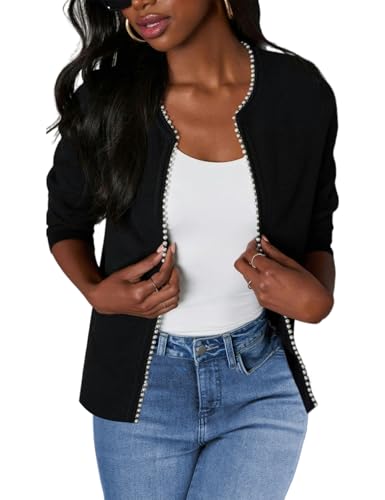 CiCiBird Women Lightweight Open Front Sweater Cardigan Pearls Trim Knit Jacket Trendy Long Sleeve Clothes Coatigan Black M