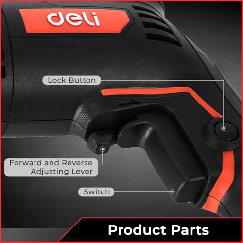 Image of Deli DE-DZ10-2E 500W Corded Electric Drill with 0-3300RPM No-Load Speed 10mm Chuck Size 220-240v ~ 50hz /60hz Power Drilling Machine for DIY & Professional Use (Pack of 1, Black and Red)