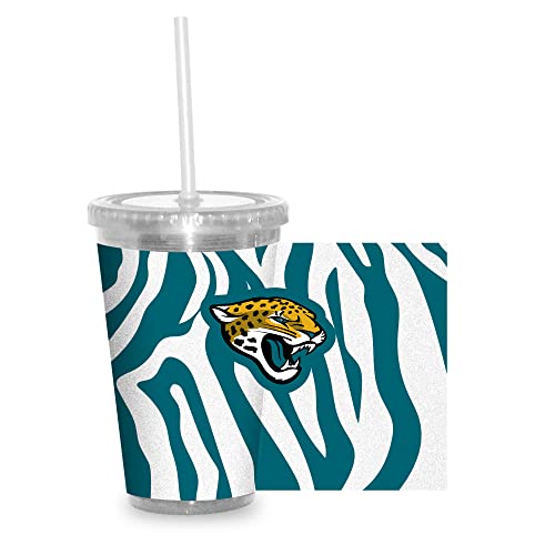 Rico Industries NFL Football Jacksonville Jaguars Glitter NFL Football Football Team 16oz Clear Tumbler W/Straw