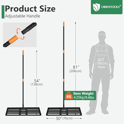 Der verstellbare Aluminiumstiel des ORIENTOOLS Rechens ermöglicht rückenfreundliches Arbeiten bis 206 cm Höhe für Gär...