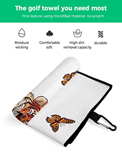 Ocomster Cute Hand Drawn Tiger With Butterflies Golf Towel With Carabiner Clip, Rustic Funny Animal Microfiber Waffle Pattern Golf Towel, Golf Accessories For Cleaning Clubs And Balls, 24X16 In #TOP1