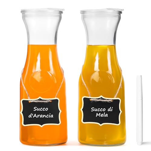 Winter Shore Caraffa con Tappo Acrilico [2 Pezzi] - Brocca Acqua Vetro con Etichette Lavagna e Pennarello Bianco - Bottiglie 1 Litro per Uso Alimentare, Ideale per Servire Bevande e Vino