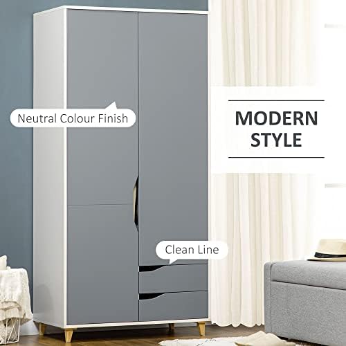 HOMCOM 2 Door Wardrobe with 2 Drawers, Hanging Rail, Shelves, Anti-tipping Design for Bedroom Clothes Storage Organiser, Grey