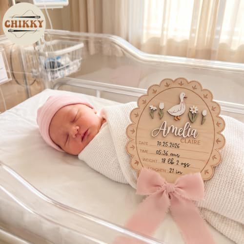 Chikky Personalized Wooden Baby Announcement Sign with Chiffon Bow - Custom Birth Stats Name Plate for Newborn Hospital Photo Prop - Nursery Wall Decor & Keepsake - 5, 6, 8, 10 Inch — view 2
