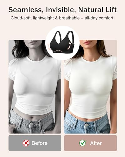 leviace Wireless Jelly Bras for Women with Support - Anti-Slip Wide Straps Push Up Full Coverage Plunge Seamless Padded T-Shirt Bralette No Underwire Soft Invisible Back Smoothing Sleep Bra, Black, M — view 5