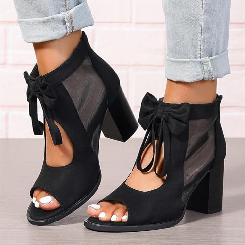 Womens Chunky High Heel Sandals Ankle Strap Open Toe Dress Shoes Cut Out Mesh Bows Strappy Sandals High Block Heels Peep Toe Summer Ankle Boots Fish Mouth Fashion Breathable Dressy Booties Shoes2