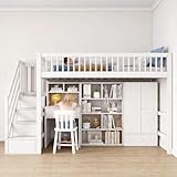 Su & Chan Legence Hochbett 90 x 200cm, Kinderbett mit Schreibtisch, Kleiderschrank, Stauraum Treppe, Schubladen und Staufächern, Einzelbett mit Lattenrost, Ohne Matratze, Weiß