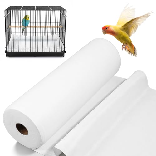 Oqqlin 100 Ft x 17.3 Inch Bird Cage Liner, Disposable White Non-Woven Bird Cage Liners Large Size Precut Absorbent Cushion Pad Mat Accessories for Pet, Parrot, Animal