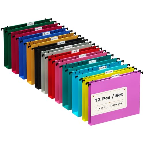 4 in 1 Plastic Hanging File Folders Letter Size, 12 Assorted Colors Hanging Folders with 4 Sizes,1 to 2.5 inch 12 Pieces,Heavy Duty Document Organizer for Filing Cabinet with 1/5-Cut Adjustable Tabs by Ansook - Used condition - US$11.19