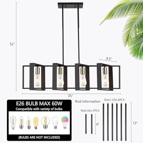 Lámpara colgante rústica rectangular E26 ajustable para techo de sala de estar 5
