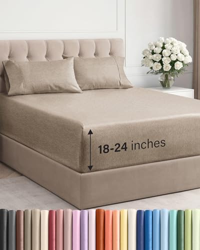 Extra Deep King Sheet Set - 4 Piece Breathable & Cooling Bed Sheets - Easily Fits 18 - 24 inch Mattress - Ultra Soft Wrinkle & Fade Free w/ Extra Deep Pockets - Hotel Luxury Bedding - Heathered Beige