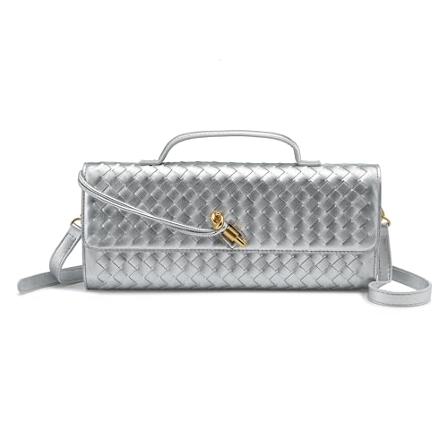 Image of Woven Clutch Purses for Women, PU Leather Shoulder Crossbody Evening Bag Satchel Handbag for Formal, Wedding, Party (Silver)