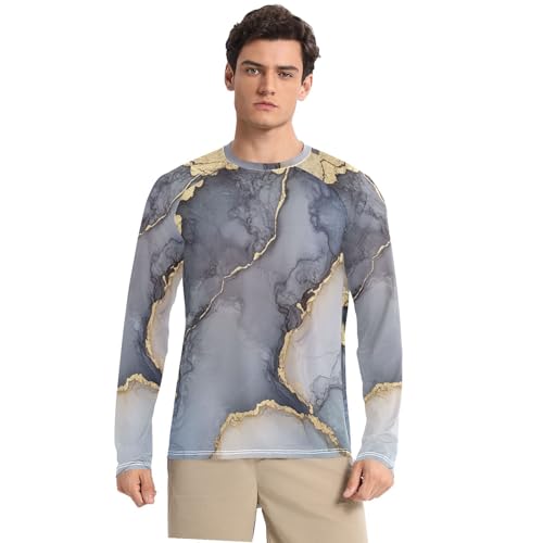 Marble Grey Silver Men's UPF 50+ Swim Shirts Loose Crew Neck Loose Men's Sun Shirt Long Sleeve Beach