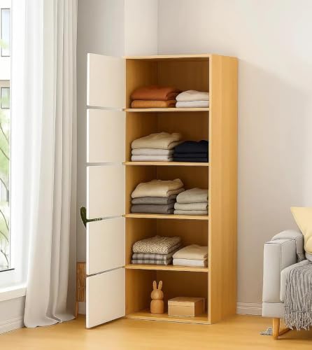 Image of EXVITO Engineered Wood Wardrobe for Bedroom | Foldable 5-Shelf Wooden Storage Cabinet | Cupboard Almirah for Clothes | Collapsible Wardrobe | Digital Heavy PC Game Cabinet - Maple