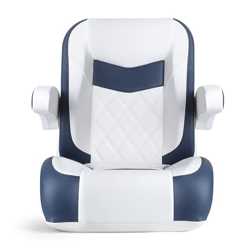 SUNDGORA Premium Reclining Pontoon Low Back Captain's Chair Boat Bucket Seat with Armrest,White/Navy Blue